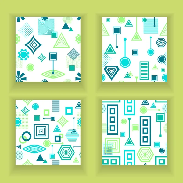 Set Abstract seamless patterns in postmodern Memphis Style blue green on White — Stock Vector