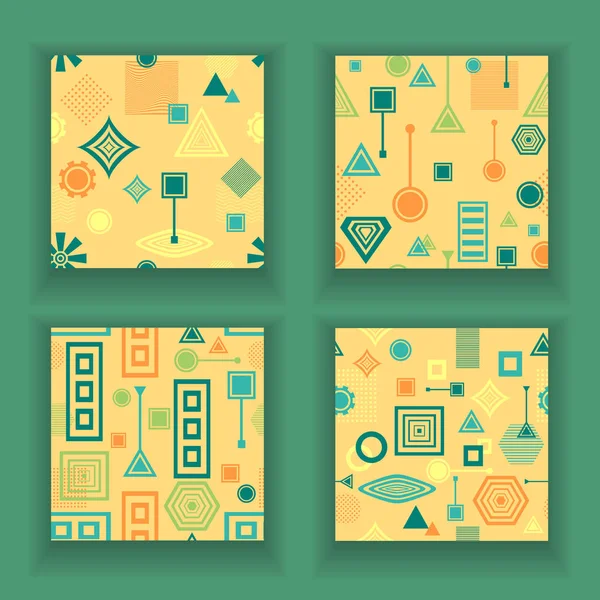 Set Abstract seamless patterns in postmodern Memphis Style blue green on yellow beige — Stock Vector