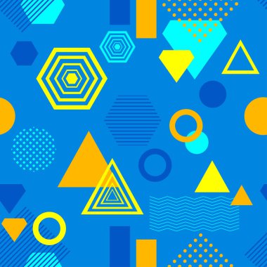 Postmodern Memphis tarzı mavi sarı turuncu soyut seamless modeli