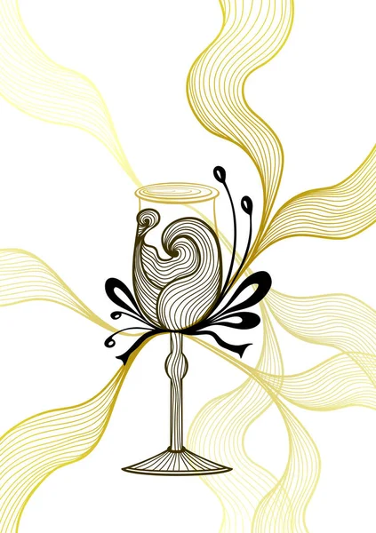 Όμορφο αφηρημένο wineglass με δαντέλα Λουλούδι υποκλίνεται μαύρο χρυσό σε λευκό — Διανυσματικό Αρχείο