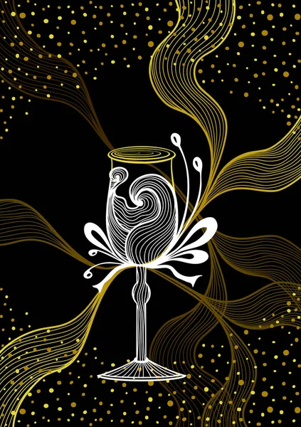 Beautiful abstract wineglass with lace flower bows gold white  on black — Stock Vector