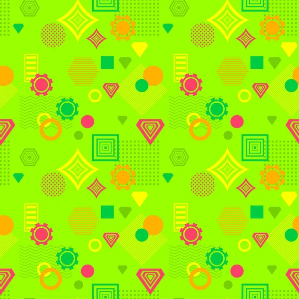 Abstract seamless pattern in postmodern Memphis Style green orange red yellow — Stock Vector