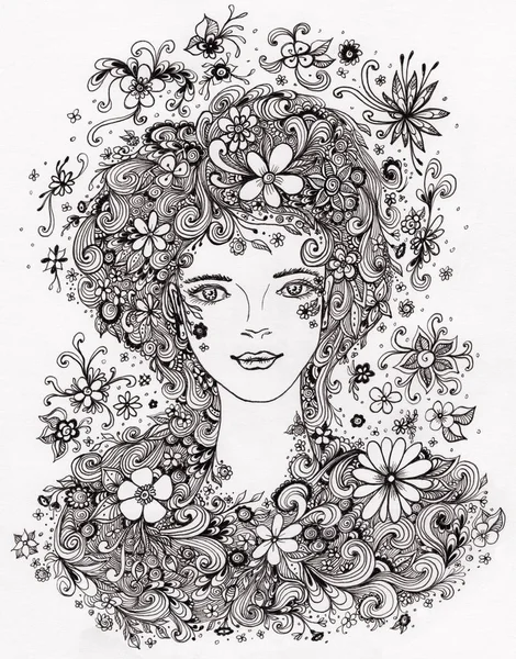 Belle fille avec des fleurs dans les cheveux graphique authentique — Photo