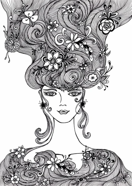 Krásná dívka s květinami v vlasy autentickou grafiku — Stock fotografie