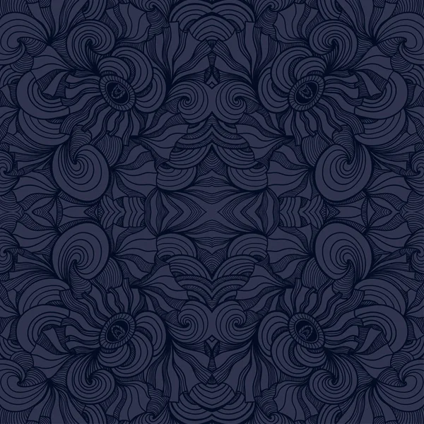 Abstract Zen-doodle seamless pattern in dark blue black — Stock Vector