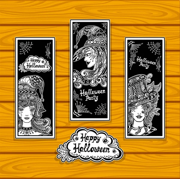 Set bookmarks for coloring on Halloween with witches — Stock Vector