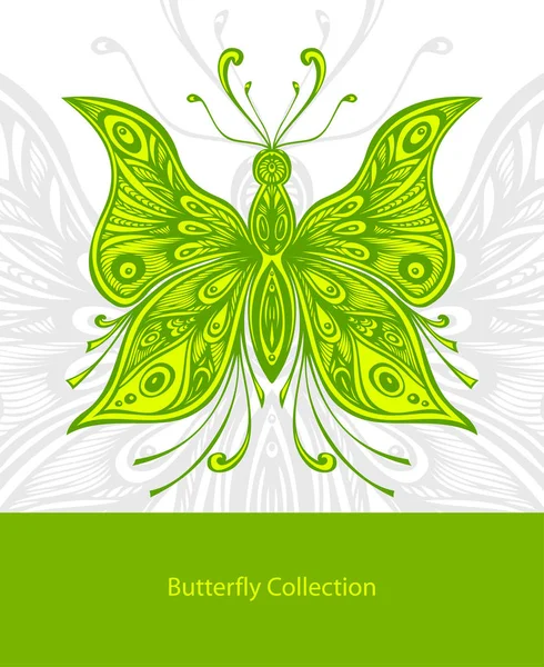 Template with Zentangle lace butterfly in light green on white — Stock Vector