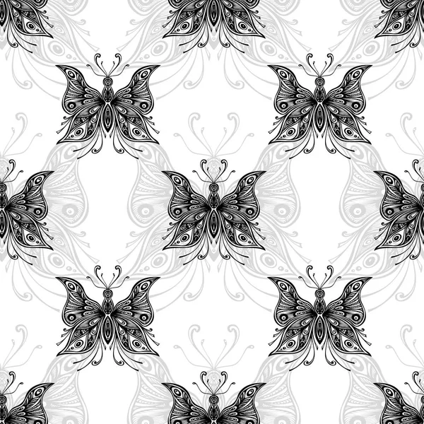 Seamless mönster med zentangle fjärilar i svart vit grå — Stock vektor