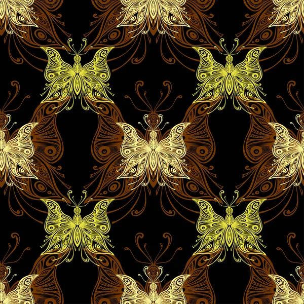 Vzor bezešvé s zentangle motýli béžová světle zelená na černém pozadí — Stockový vektor