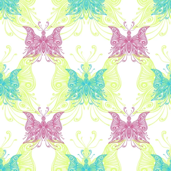 Patrón sin costuras con zentangle mariposas luz verde lila sobre blanco — Archivo Imágenes Vectoriales