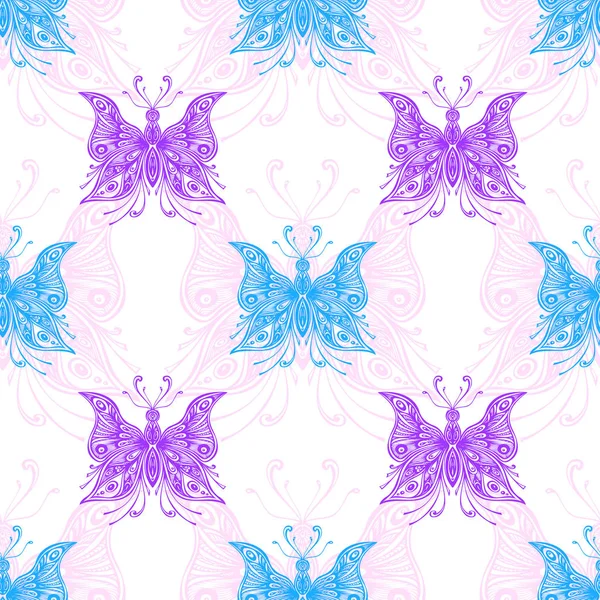 Χωρίς ραφή πρότυπο με zentangle πεταλούδες μπλε ροζ λιλά σε λευκό — Διανυσματικό Αρχείο