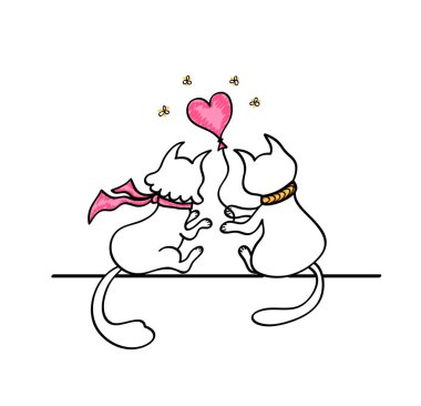 Kedi kedi bir balon kalp şeklinde verir. Beyaz Siyah pembe marker etkisi ile el yapımı çizim doodle karikatür tarzı. Sevgililer günü kutlama için kavram aşk hikayesi  