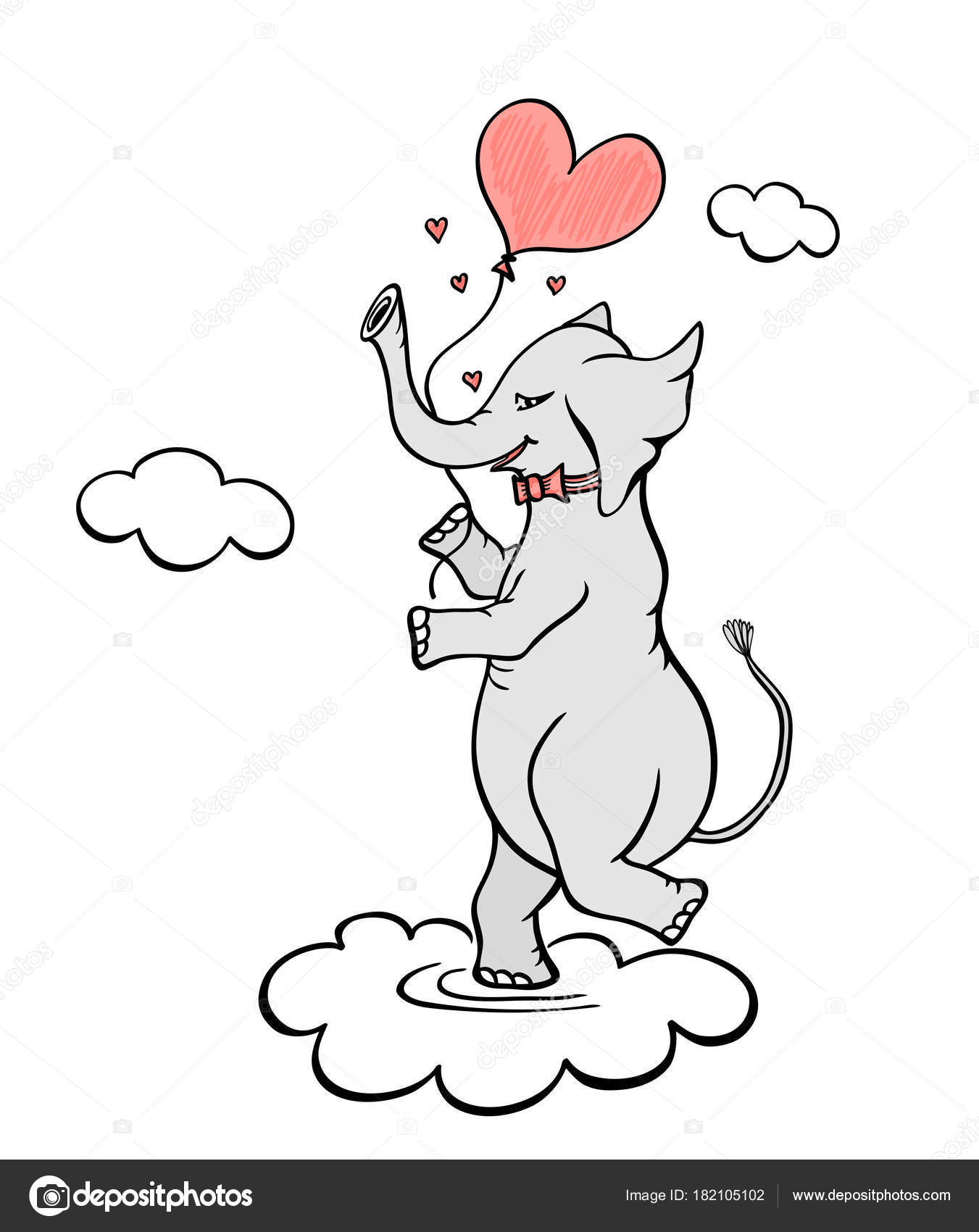 Elefante in nubi con palloncino a forma di cuore Disegno fatto a mano in stile cartoon doodle con effetto marcatore in nero rosa su bianco