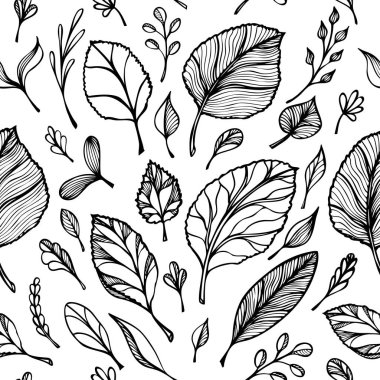 Elinden Dikişsiz desen beyaz hat sanatında tasarım afiş afiş veya dekorasyon paket çay veya kozmetik ve Parfümler veya botanik Tema tasarım yapısı yaprak siyah çizmek
