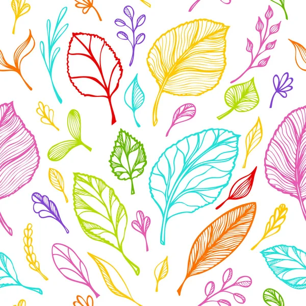 Seamless Pattern Hand Draw Structure Leaves Colorful White Line Art — Stock Vector