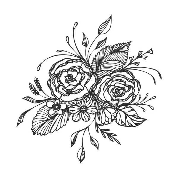 Handgezeichnete Blumen Strauß Schwarz Auf Weiß Für Die Dekoration Hochzeitseinladung — Stockvektor