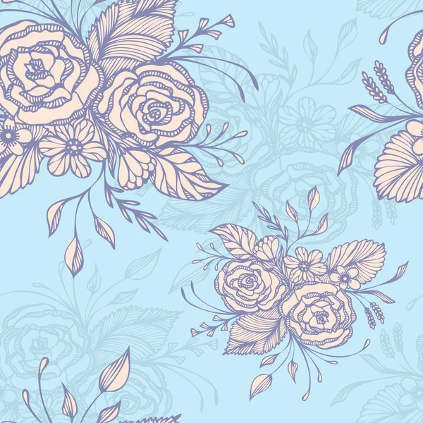 Seamless Pattern Flowers Bouquet Pink Blue Retro Style Decoupage Wallpaper — Stock Vector