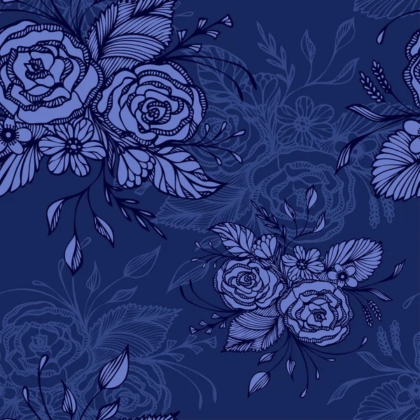 デコパージュの壁紙やテキスタイル または化粧品香水シャンプーの装飾パッケージのレトロなスタイルに濃い青色で花束の花のシームレス パターン — ストックベクタ