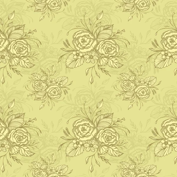 Seamless Pattern Flowers Bouquet Olive Retro Style Decoupage Wallpaper Textile — Stock Vector