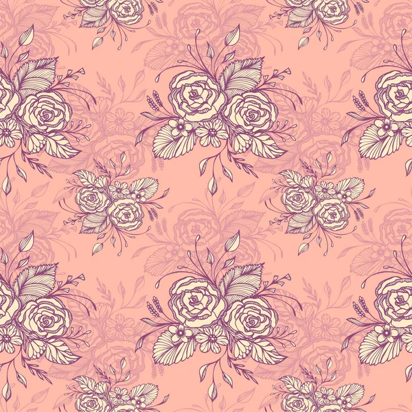 レトロなスタイルでデコパージュ壁紙や織物 または化粧品香水シャンプー石鹸の装飾パッケージのピンクの花の花束とシームレスなパターン — ストックベクタ