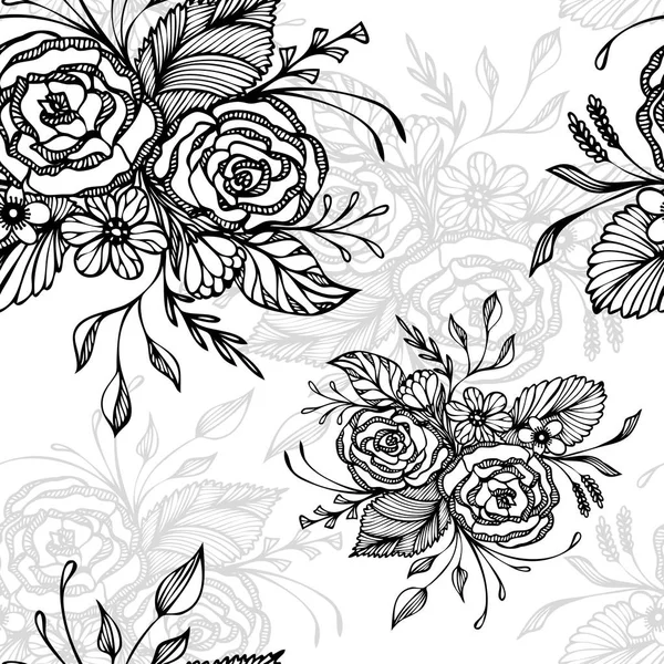 Seamless Pattern Flowers Bouquet Black White Retro Style Decoupage Wallpaper — Stock Vector