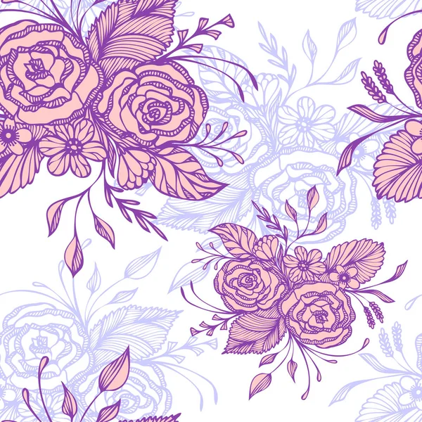 Seamless Pattern Flowers Bouquet Pink Lilac White Retro Style Decoupage — Stock Vector