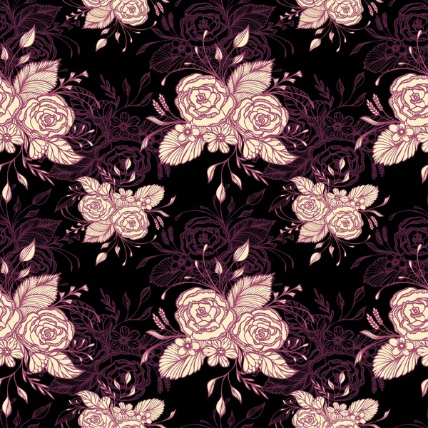デコパージュの壁紙やテキスタイル または化粧品香水シャンプーの装飾パッケージのレトロなスタイルの黒にピンクの花の花束とシームレスなパターン — ストックベクタ