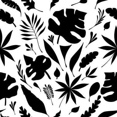 Elinden düz Dikişsiz desen çizmek siluet tropic yaprak siyah beyaz botanik Tema tasarım veya parfüm ve kozmetik yaratıcı tasarım paketi için