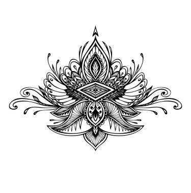 Soyut Zentangle Zendoodle sembolü dövme siyah beyaz dekorasyon T-shirt veya sayfa veya yetişkin renklendirme kitap boyama için Boho Hint Asya etnik tarzda