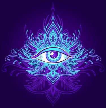 All-gören göz Boho Hint Asya etno stil mavi leylak dekorasyon T-shirt için karanlık içinde soyut sembolü. Kavram sihirli büyü esoterics 