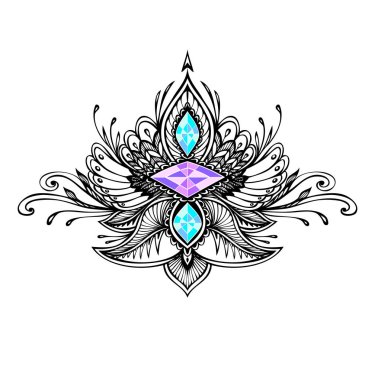 Zentangle sembolü dövme siyah beyaz dekorasyon T-shirt veya sayfa veya yetişkin renklendirme kitap boyama için taşlar ile Boho Hint Asya etnik tarzda soyut