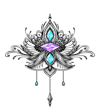 Zentangle sembolü dövme siyah beyaz dekorasyon T-shirt veya sayfa veya yetişkin renklendirme kitap boyama için taşlar ile Boho Hint Asya etnik tarzda soyut