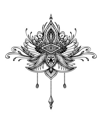 Soyut Zentangle Zendoodle sembolü dövme siyah beyaz dekorasyon T-shirt veya sayfa veya yetişkin renklendirme kitap boyama için Boho Hint Asya etnik tarzda