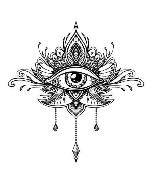 Abstract symbol of All-seeing Eye in Boho Indian Asian Ethno  style for tattoo black on white for decoration T-shirt or for coloring page or adult coloring book. Concept magic occultism esoterics 