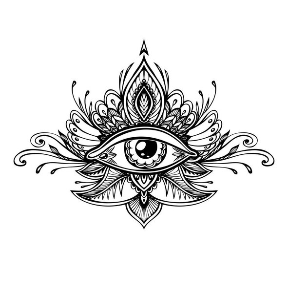 Abstract symbol of All-seeing Eye in Boho Indian Asian Ethno  style for tattoo black on white for decoration T-shirt or for coloring page or adult coloring book. Concept magic occultism esoterics 