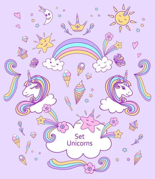 Dibujo Mano Vector Set Unicornios Nubes Arco Iris Sol Luna — Vector de stock