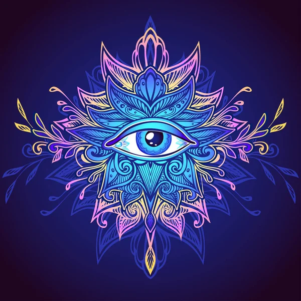 All-gören göz mavi leylak dekorasyon T gömlek için pembe Boho Hint Asya etnik tarzda soyut sembolü. Kavram sihirli büyü esoterics. Bilgisayar oyunları öğesi