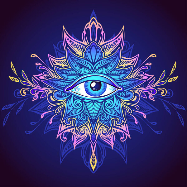 Abstract symbol of All-seeing Eye in Boho Indian Asian Ethnic  style in blue lilac pink for decoration T shirt. Concept magic occultism esoterics. Computer games element