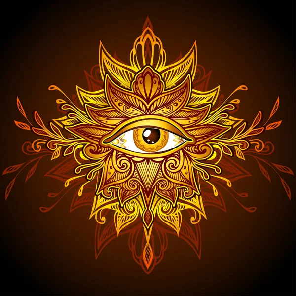 All-gören göz sarı altın dekorasyon T gömlek için kahverengi Boho Hint Asya etnik tarzda soyut sembolü. Kavram sihirli büyü esoterics. Bilgisayar oyunları öğesi 
