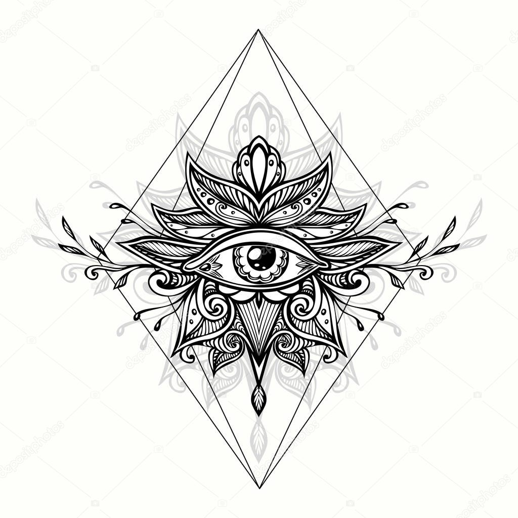 Abstract symbol of All-seeing Eye in Boho Indian Asian Ethnic  style for tattoo black on white for decoration T shirt or for coloring page or adult coloring book. Concept magic occultism esoterics 