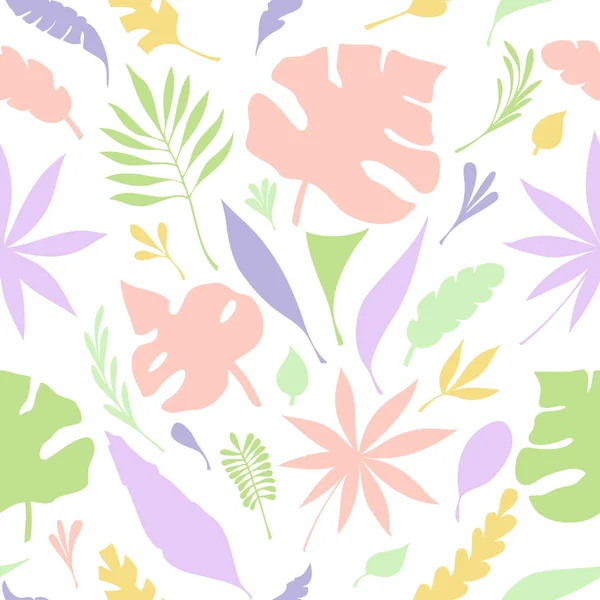 手からシームレス パターン ホワイト化粧品や香水の創造的なデザインのパッケージまたは植物のテーマのデザインの上にカラフルな熱帯の葉のシルエットを描画します — ストックベクタ