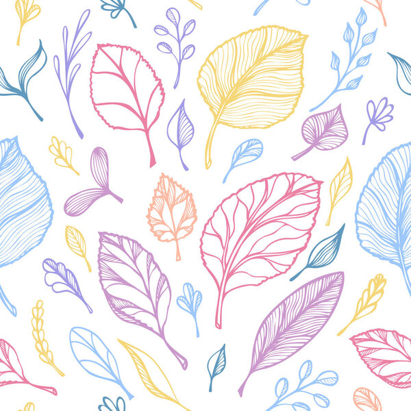 Бесшовный узор от Ручной рисунок структуры листьев красочные на белом в линии искусства для дизайна флаер баннер или для украшения пакет чая или косметики или парфюмерии или для дизайна ботанической темы
