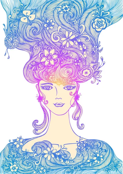 美丽的手绘女孩与鲜花的头发 在蓝色的丁香黄色白色为印刷 T恤和其他 矢量插图 — 图库矢量图片