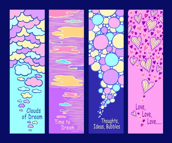 Set Abstract Hand Drawn Banners Bookmarks Clouds Bubbles Hearts Blue — Stock Vector