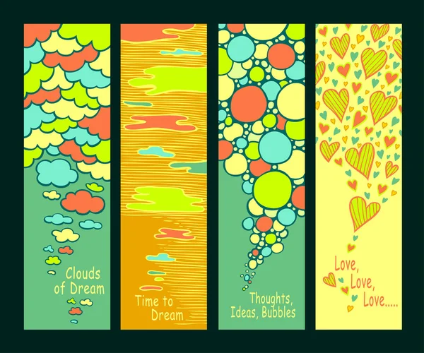 Set Abstract Hand Drawn Banners Bookmarks Clouds Bubbles Hearts Blue — ストックベクタ