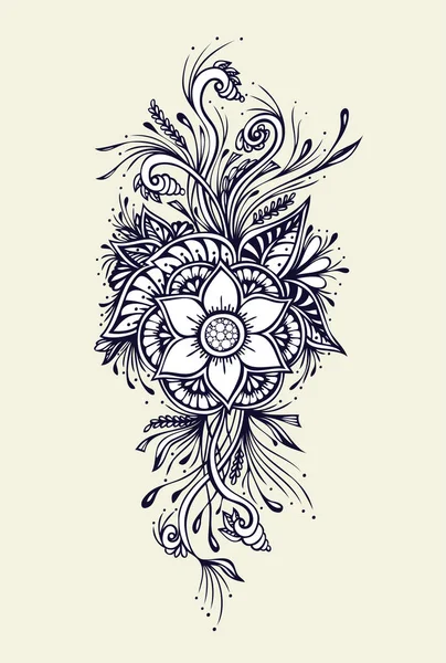 Floral Decorative Bouquet Flowers Leaves Black White Tattoo Decoration Different — 스톡 벡터