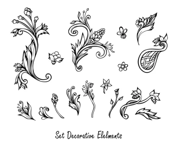 Conjunto Elementos Florales Decorativos Vintage Estilo Barroco Blanco Negro Para — Archivo Imágenes Vectoriales