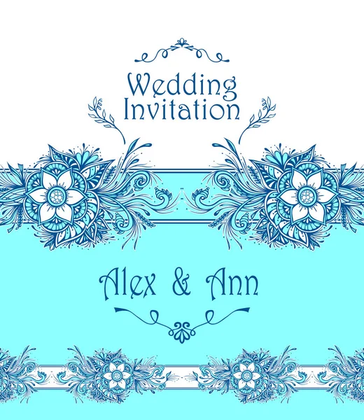 Modelo Casamento Convite Parabéns Com Flores Abstratas Buquê Branco Azul — Vetor de Stock