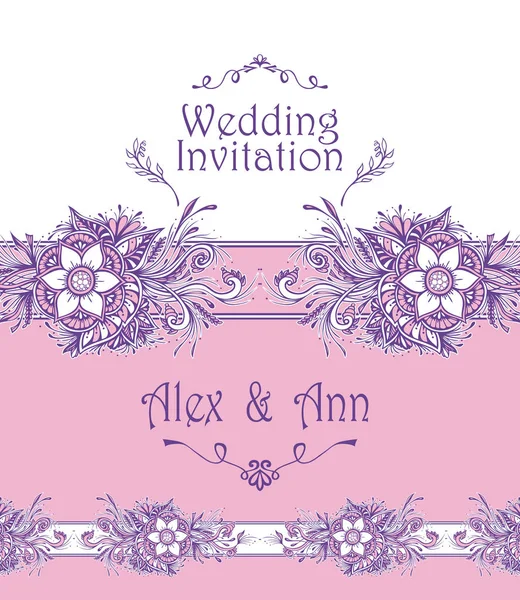 Matrimonio Template Invito Congratulazioni Con Fiori Astratti Bouquet Bianco Lilla — Vettoriale Stock