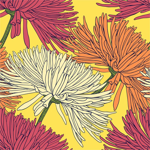 Naadloos Patroon Met Chrysanten Rood Oranje Beige Geel Voor Decoratie — Stockvector